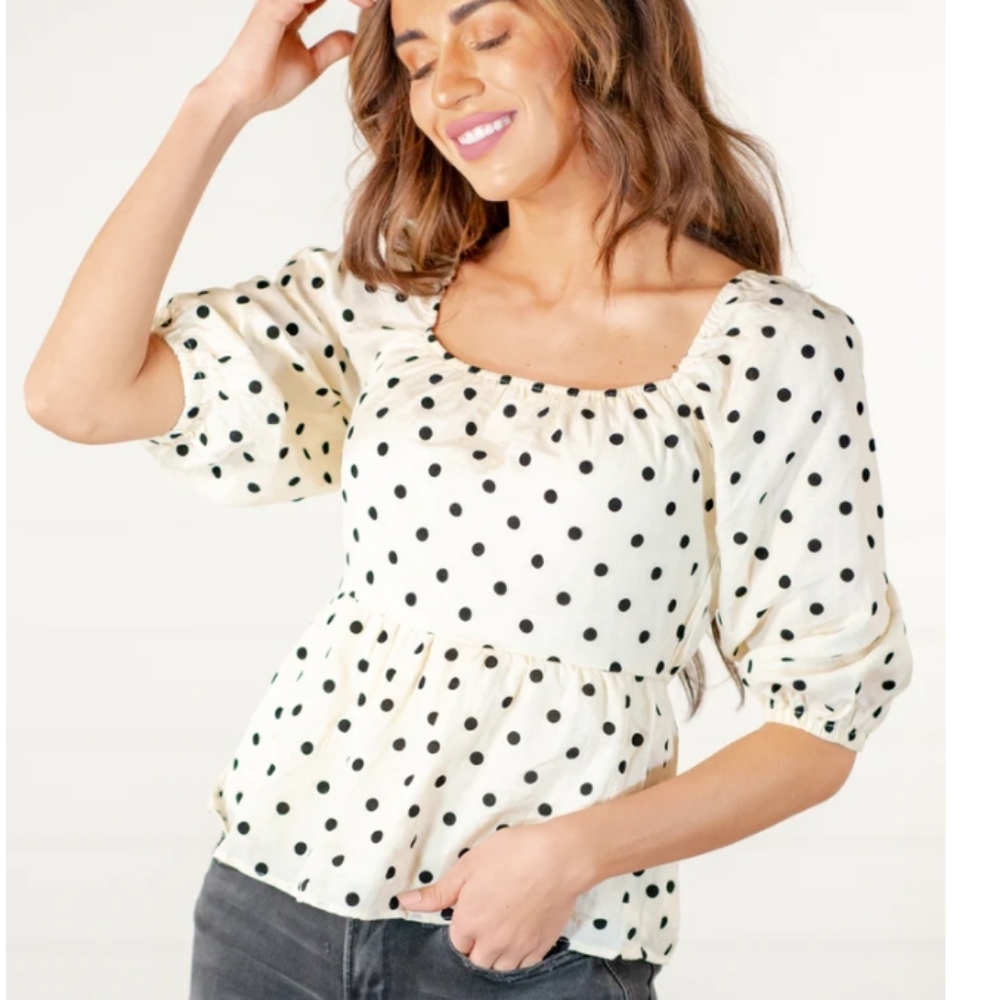 Blu Pepper Polka Dot Square Neckline Peplum Blouse